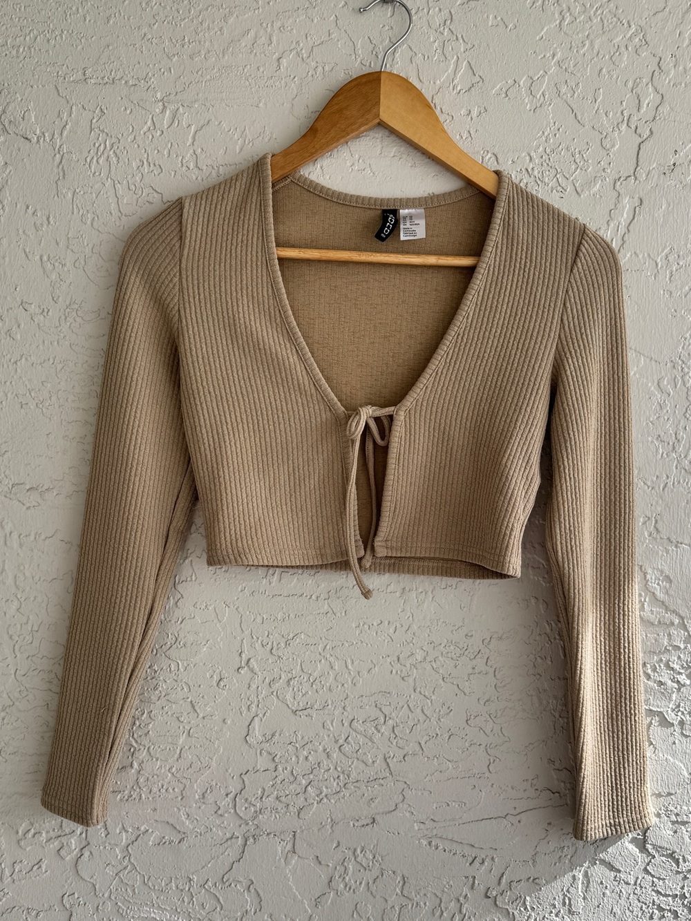 Divided HM Ribbed Tie-Front V-Neck Sweater - Beige